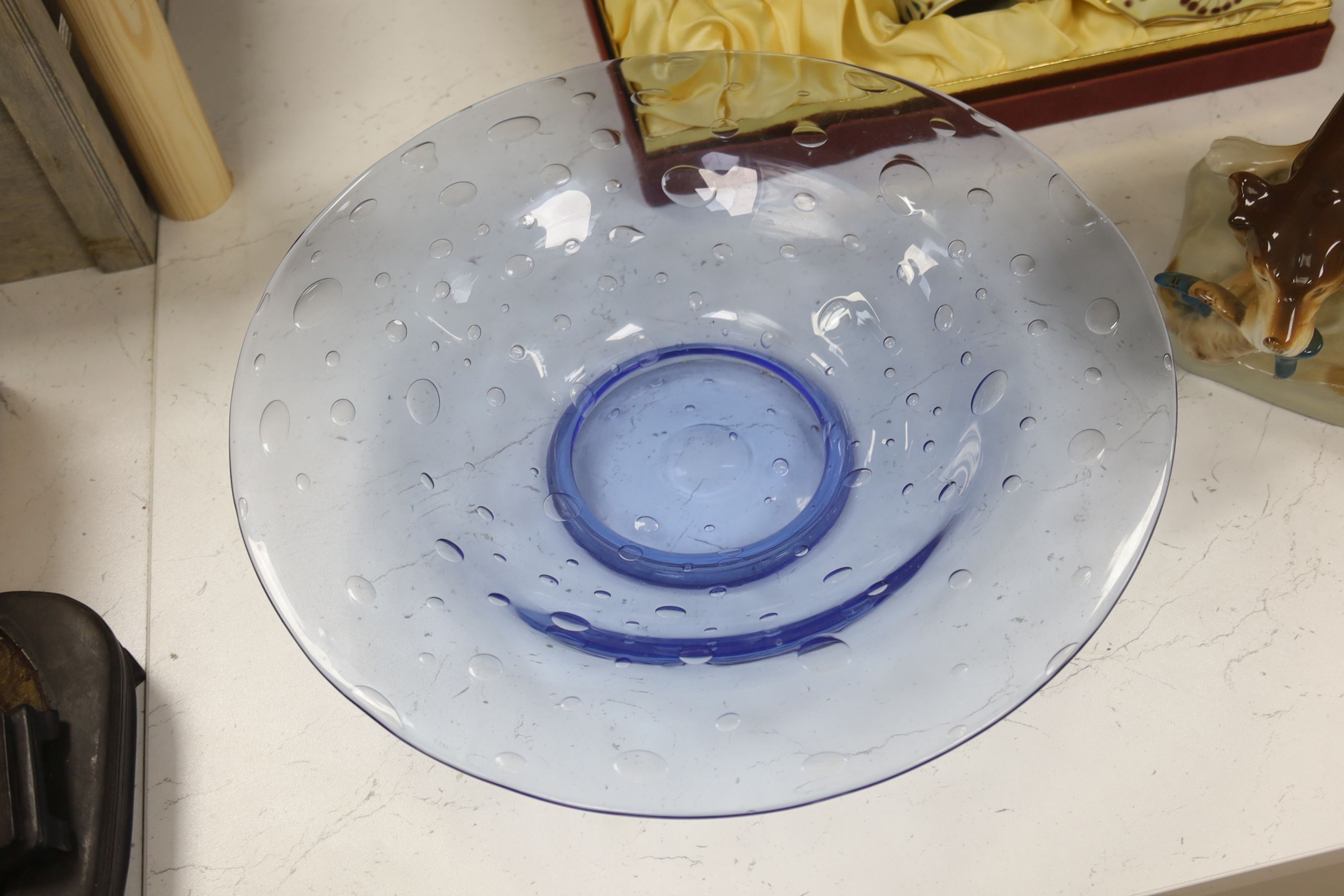 A large Czechoslovakian porcelain model of a hunting dog, length 33cm, together with a cased three piece Zsolnay Pecs presentation set and a hand blown Studio glass footed bowl, diameter 36cm